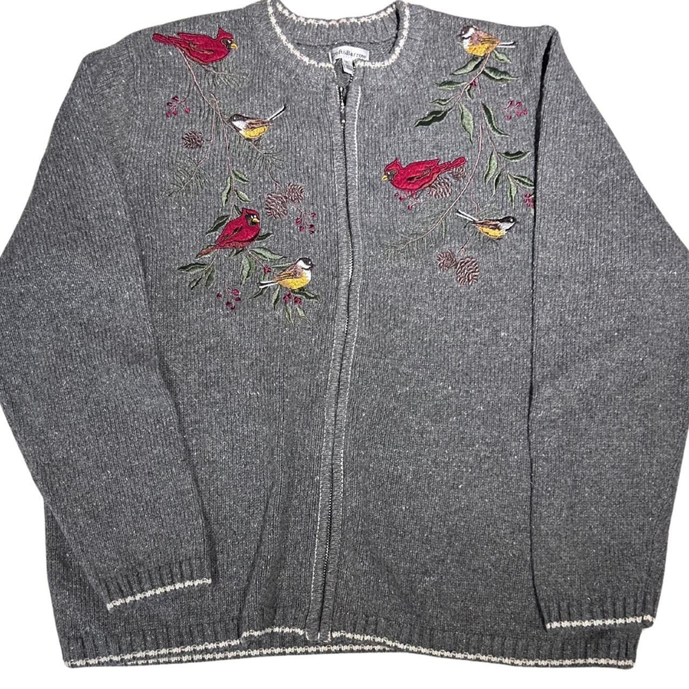 Grey and red embroidered cardinal bird zip up sweater